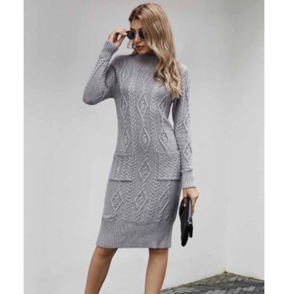 Gray High Neck Textured Bodycon Sweater Dress - Picture 9 of 13